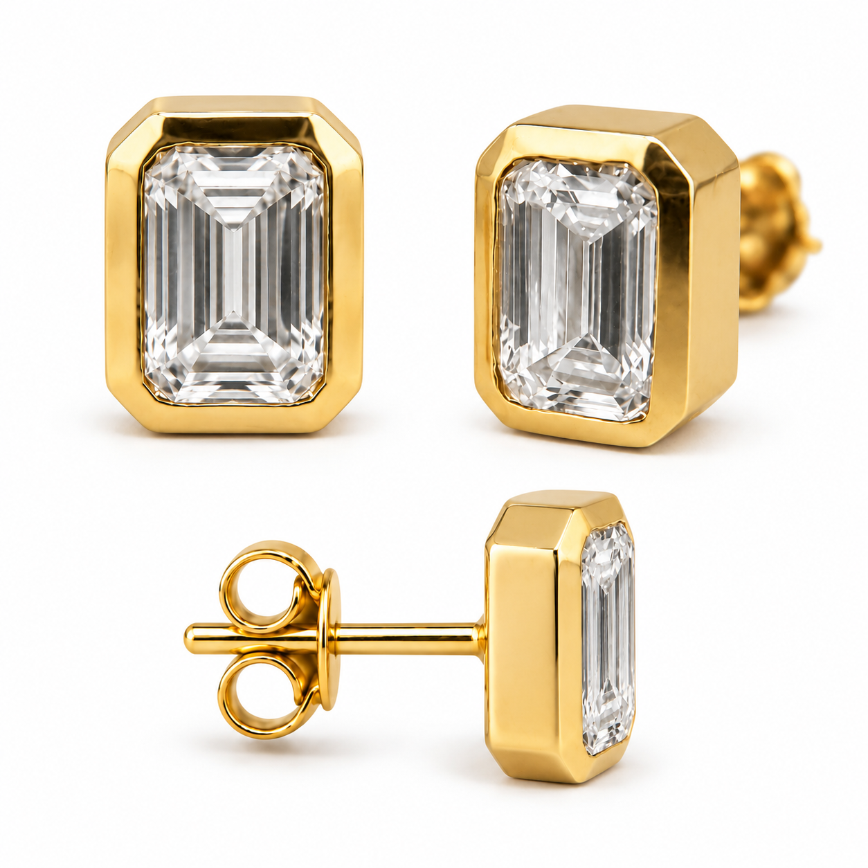 1.95 CTW Emerald-Cut Lab Diamond Bezel Stud Earrings – 18K Yellow Gold