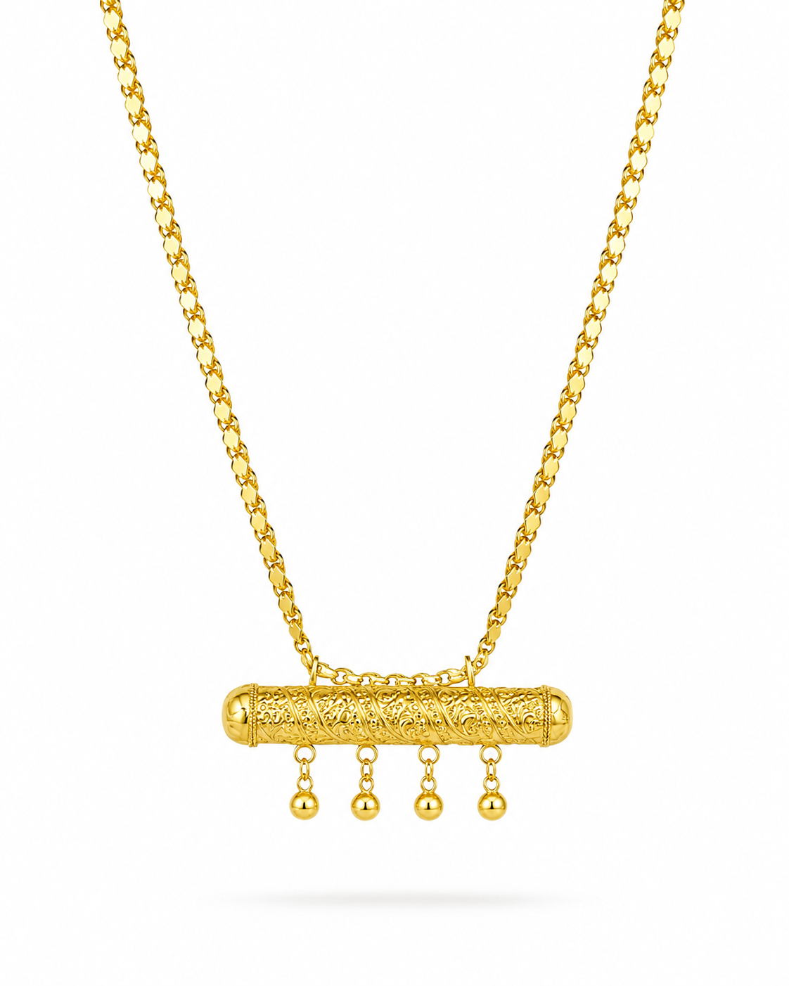 A gold pendant necklace featuring a textured horizontal bar with four dangling bead chains, displayed on a clean white background.