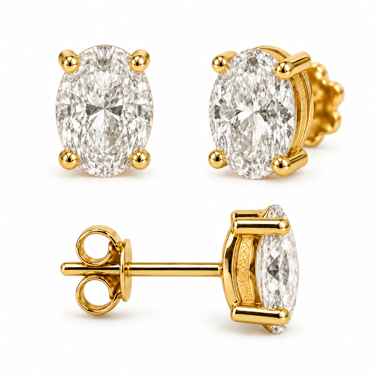 Three views of oval diamond stud earrings in yellow gold settings on a plain white background.
